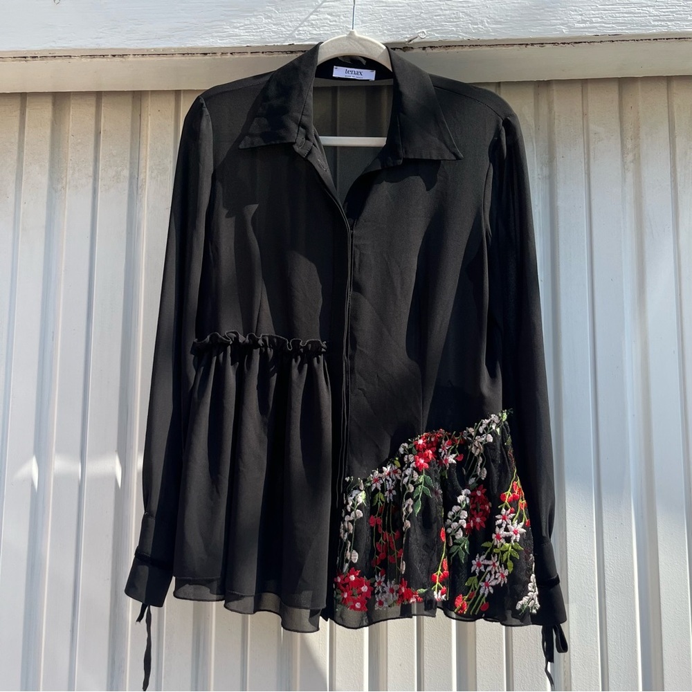 TENAX black sheer ruffle lace contrast boxy oversized long sleeve button up top